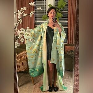 Antique vintage silk furisode long sleeve kimono Kyoto Japan birds oceanscape